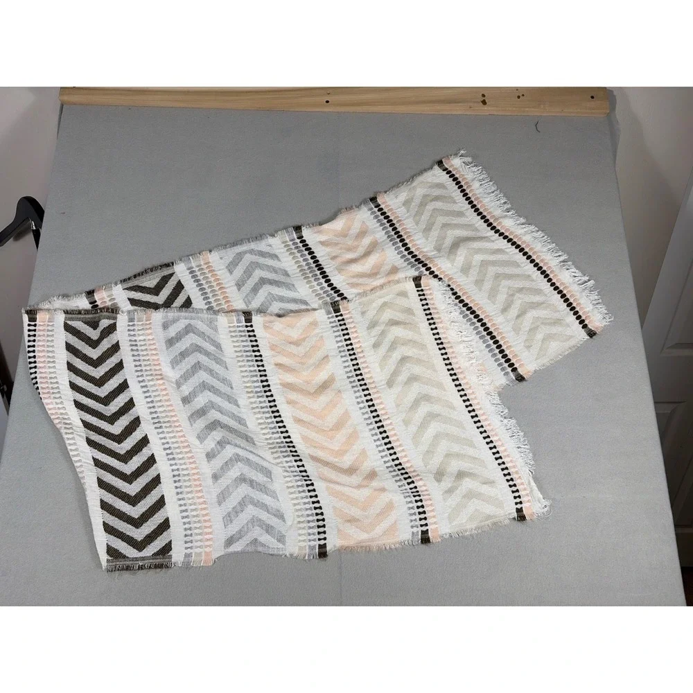 Chevron Geometric Print Lightweight Fringed Scarf Brown Grey Peach 71x19